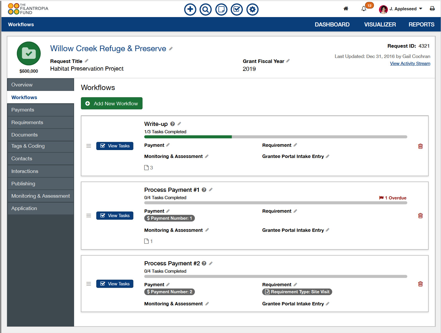 Workflows in GivingData are built in discrete segments with associated tasks, such as a grant write-up and payment processing.