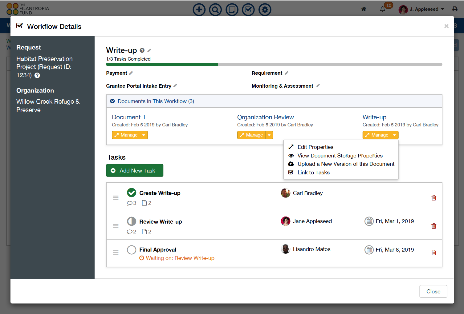 Documents managed using GivingData's document management tools, and can be linked to Tasks that automatically notify individual users.